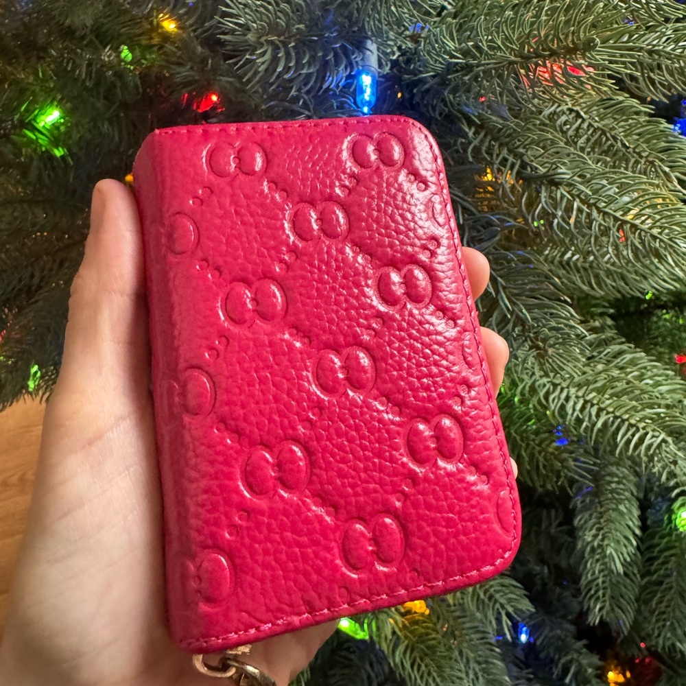 Pink faux leather pink monogram accordion wallet